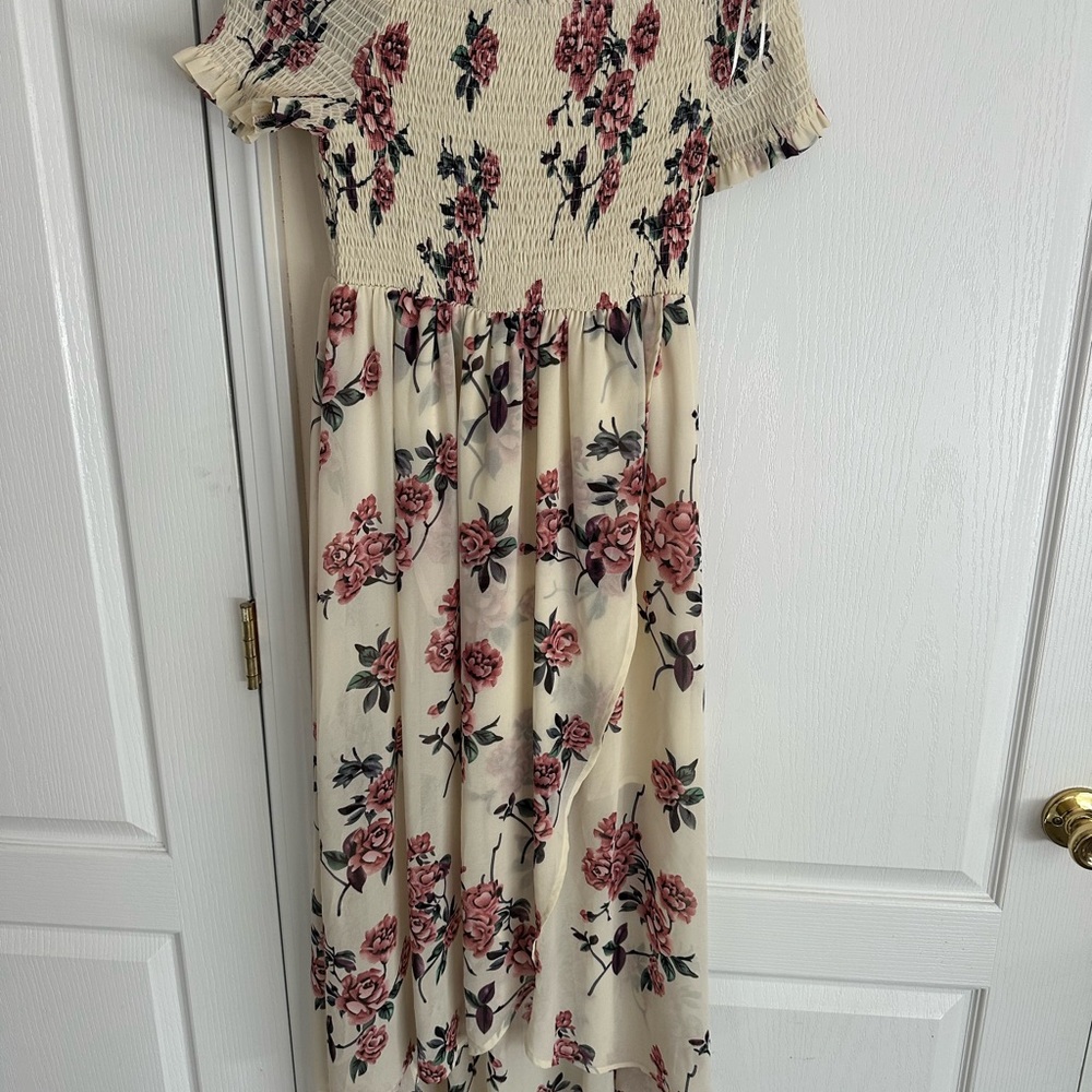 Cream Floral Smocked Midi Dress with Pink Roses